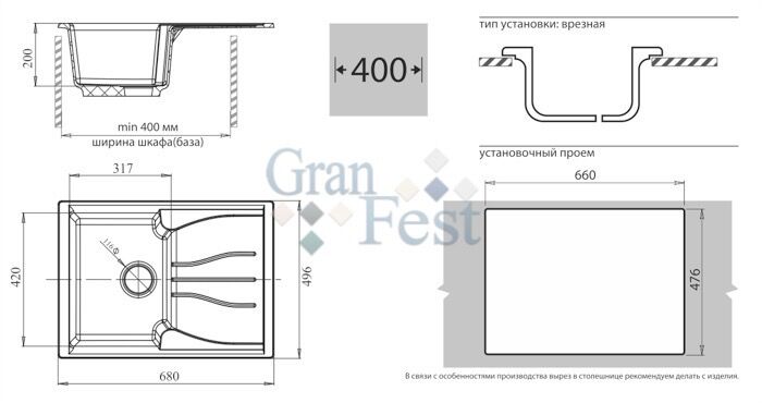 Кухонная мойка Granfest Standart GF-S680L, Белый, с крылом, разм. 680х500